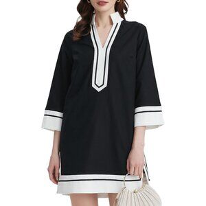 Women's Linen Shift Dress V Neck 3/4 Sleeve Pockets Casual Summer Work Dress